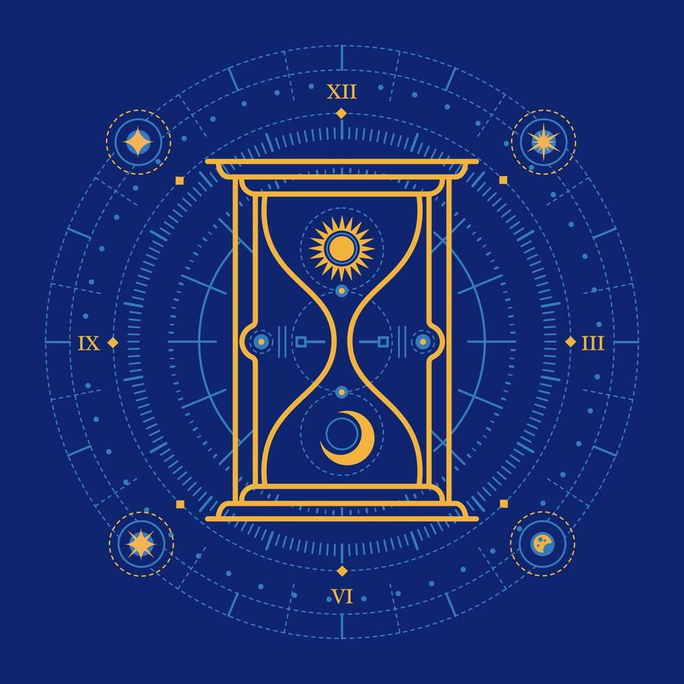 concept of astrology or spacetime, graphic of mythology hourglass emblem with sun and moon on galaxy background presented in gypsy or tarot card style vector