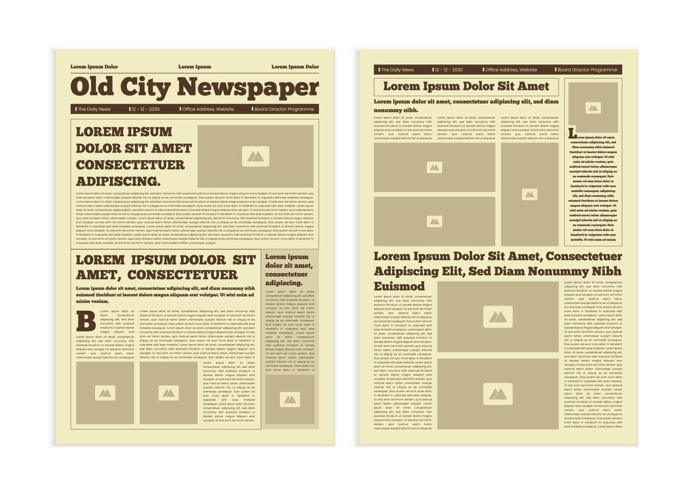 Brochure newspaper pages with headline. Paper retro journal template. News articles newsprint magazine old design vector