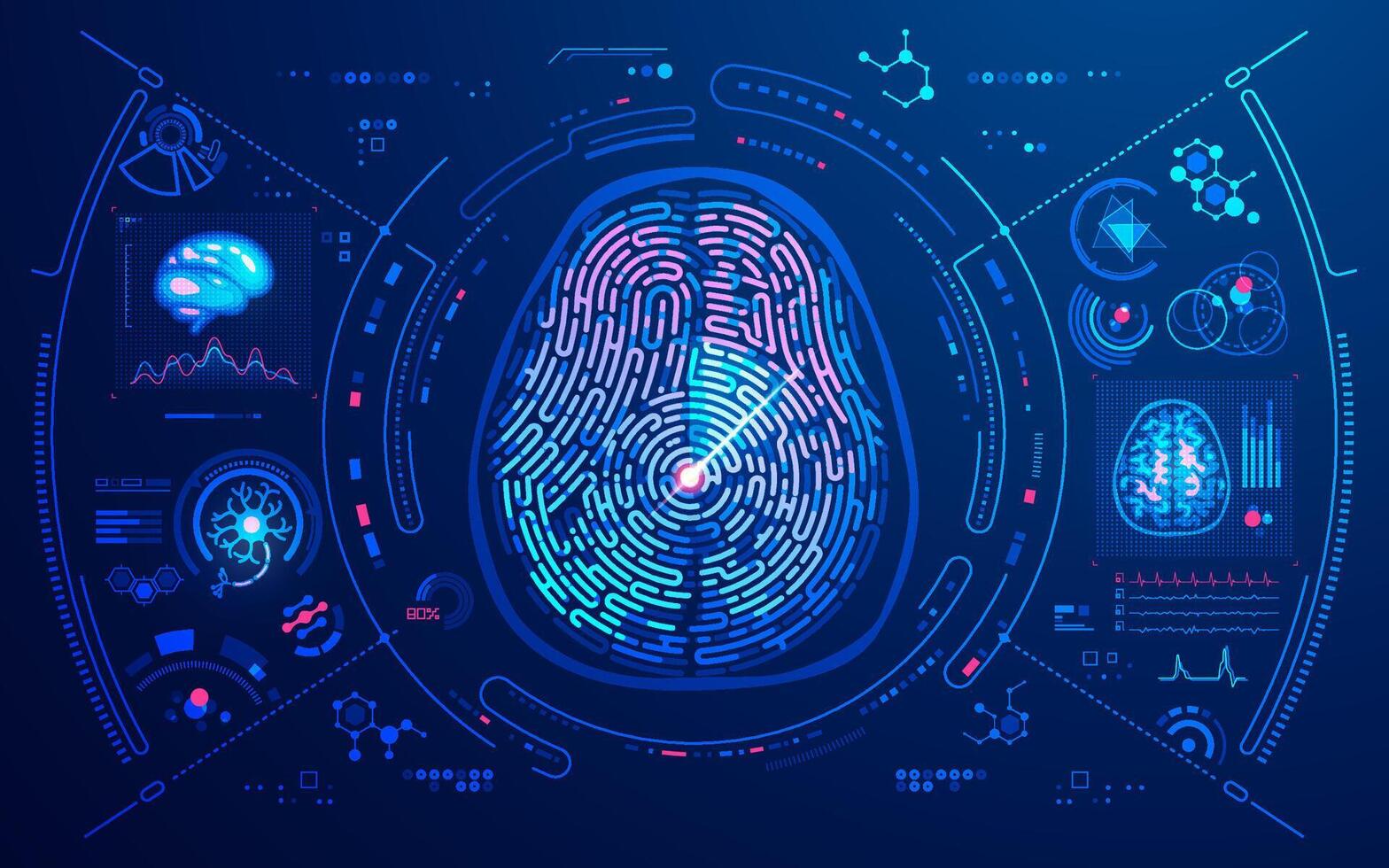 concept of neuroscience or MRI scan technology, graphic of brain shape combined with fingerprint and medical interface vector