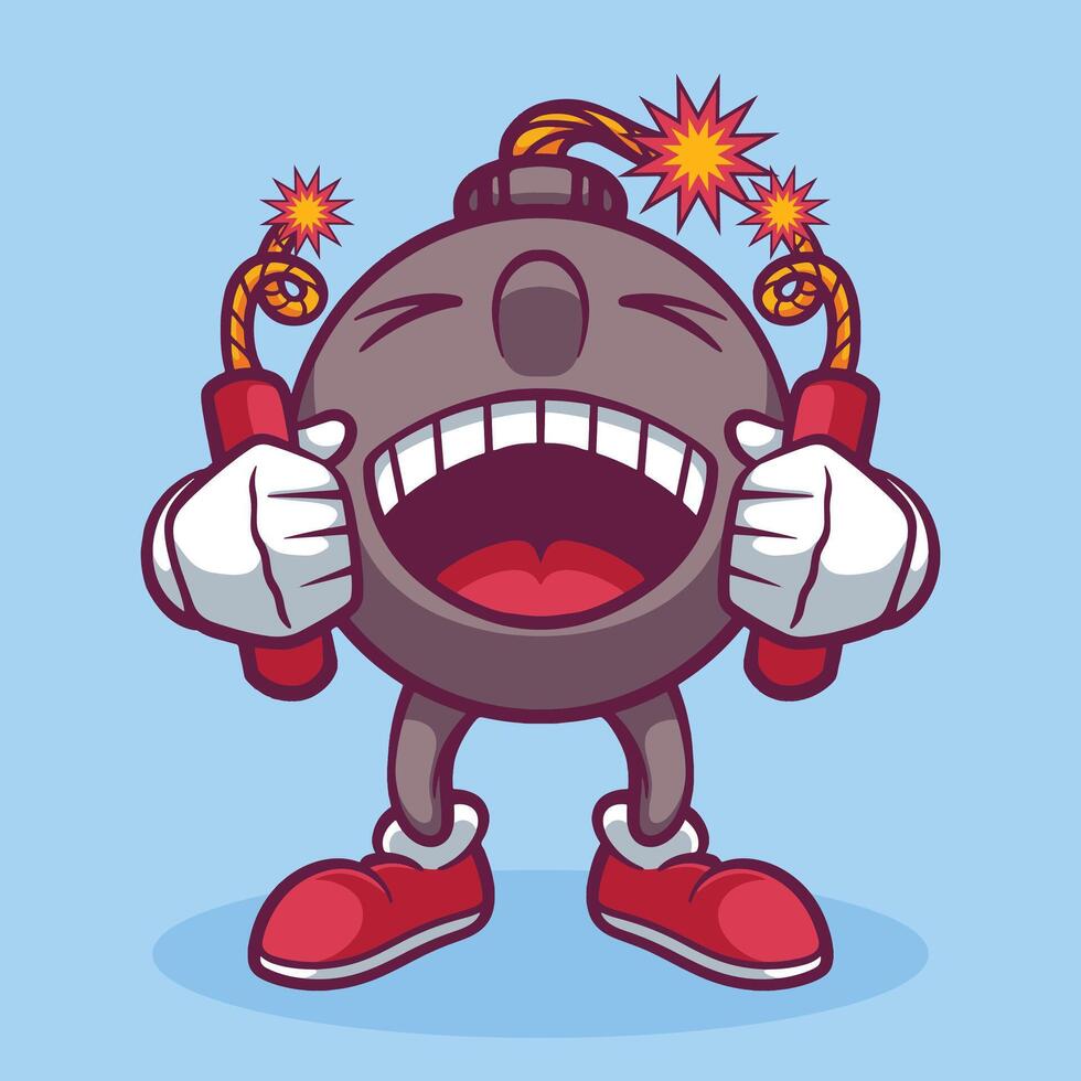 Cute Happy Bomb With Dynamite Cartoon Mascot Hand Drawn Illustration vector