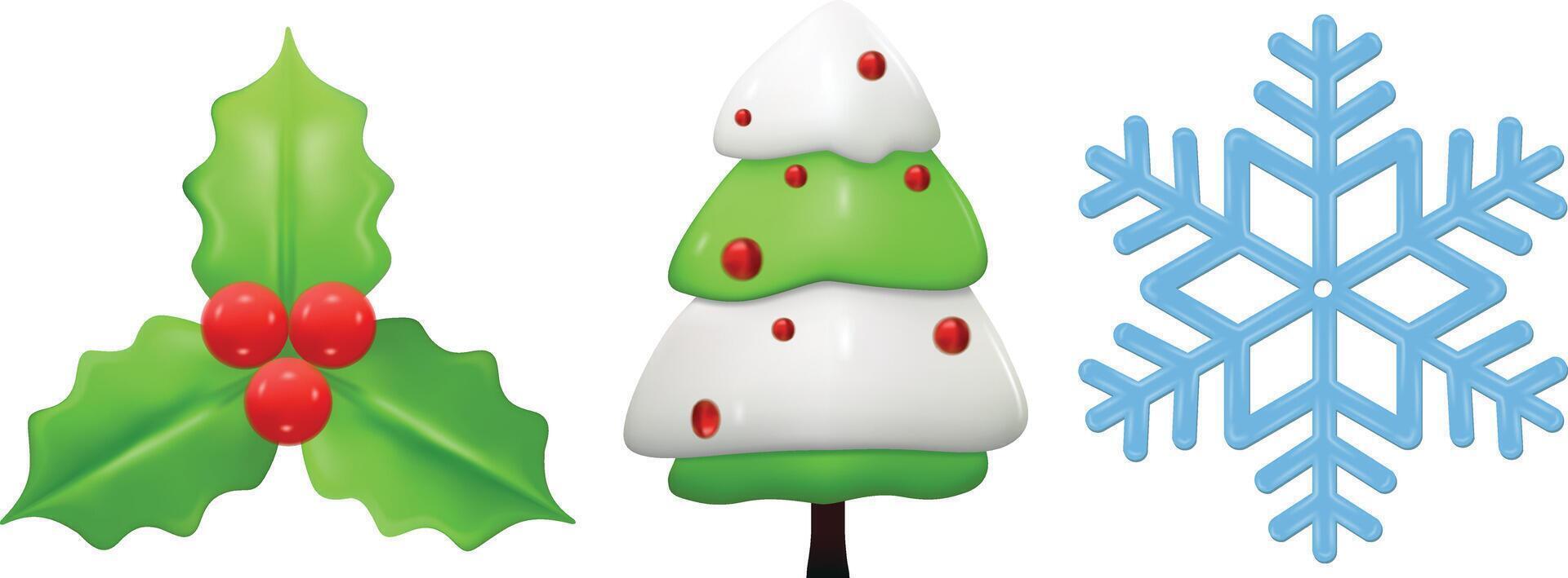 Set of festive 3d render Christmas decorations with a red berries, Christmas tree and Snowflakes. vector