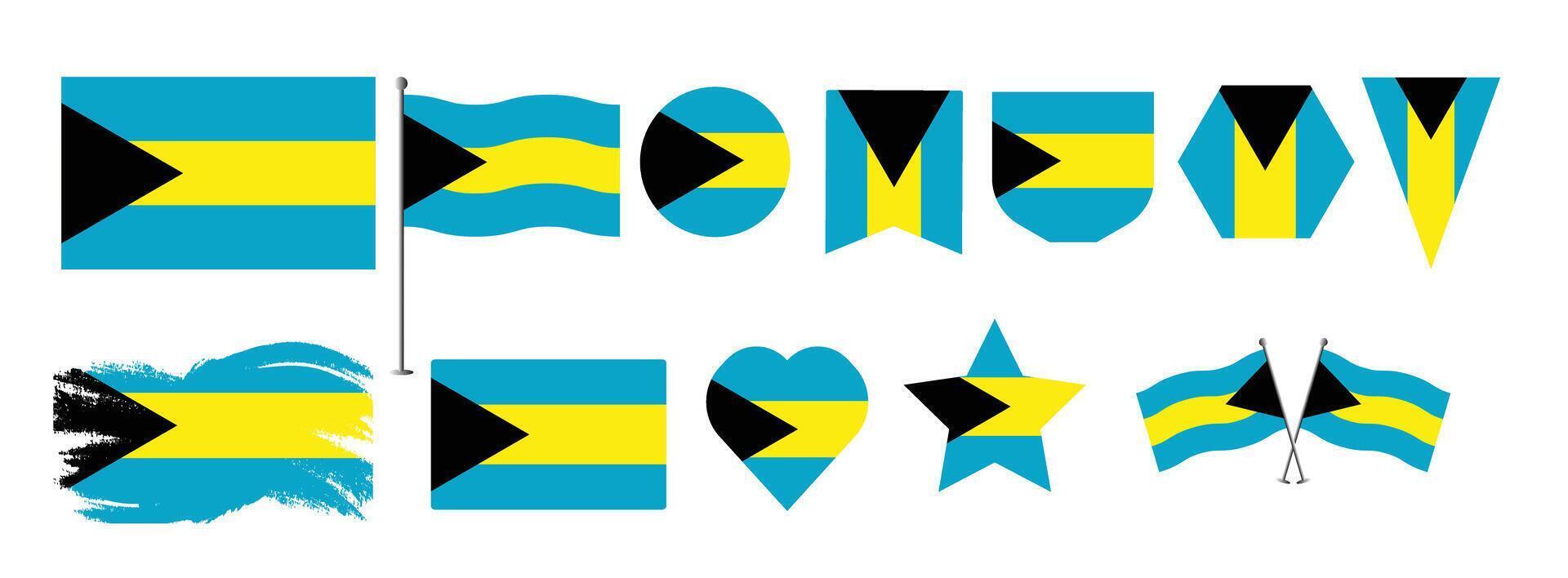 Set Bahamas flags, banners, brush, symbols, flat icon. illustration of collection of national symbols on various objects and state signs and shape vector