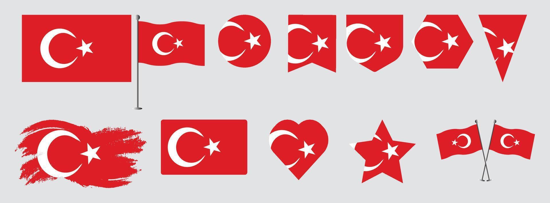 Set Turkey .national flag design set with popular shapes and brush. Turkey flag illustration vector