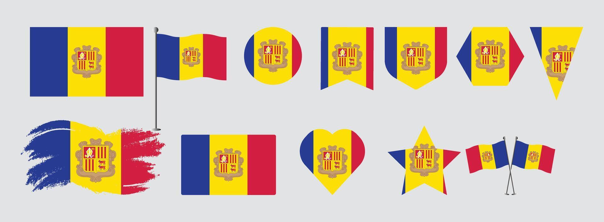 Set Andorra flags, banners, symbols, flat icon. illustration of collection of national symbols on various objects and state signs and shape vector