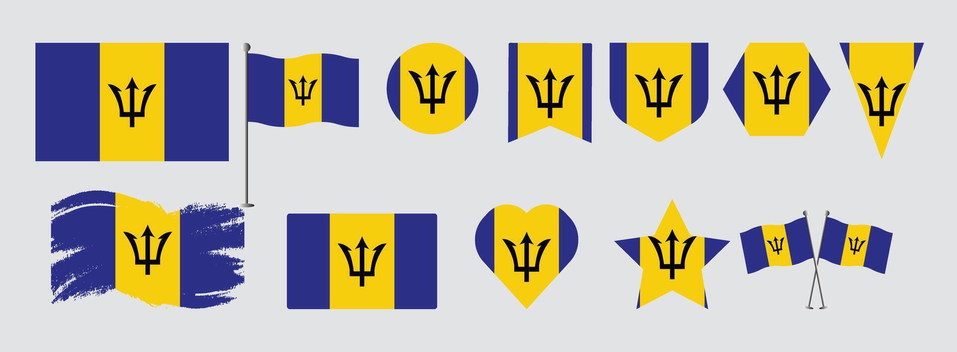 Set Barbados flags, banners,brush, symbols, flat icon. illustration of collection of national symbols on various objects and state signs and shape vector
