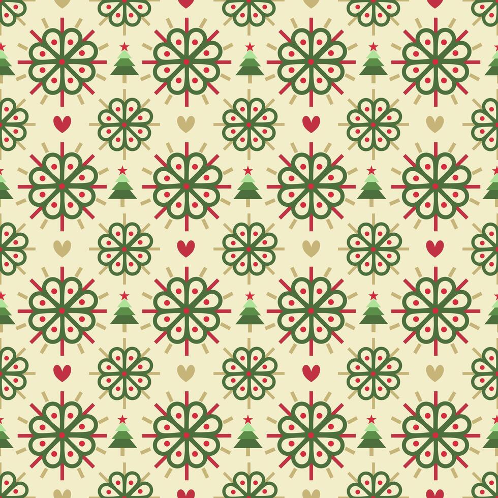 Snowflakes with Christmas tree, heart on seamless pattern. Minimal style. vector