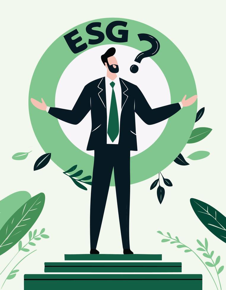 A close-up of a confused businessman pondering the meaning of ESG, with a question mark icon symbolizing uncertainty about environmental, social, and governance concepts in business. vector