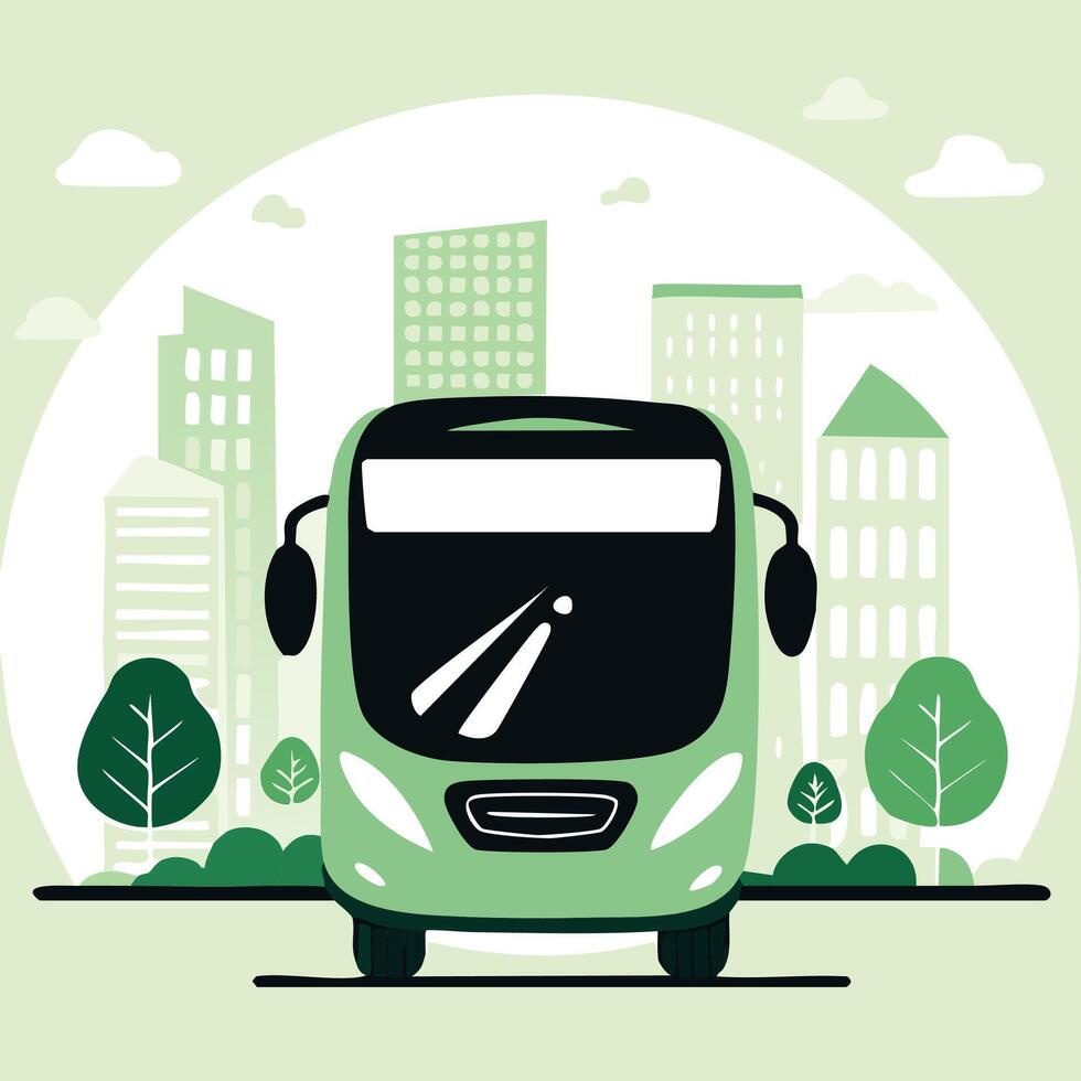 A front view of an electric green bus powered by renewable energy, surrounded by eco-friendly trees and sustainable buildings, showcasing an eco-conscious city with clean transportation solutions. vector