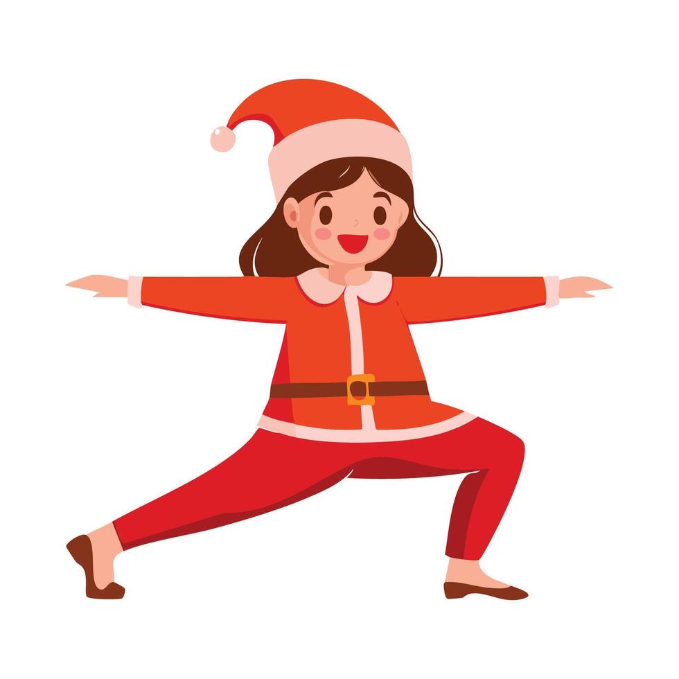 A cute illustration of a girl in festive Christmas clothes and Santa hat practicing the yoga pilates warrior pose, combining holiday cheer with fitness and mindfulness in a playful settingWeb vector