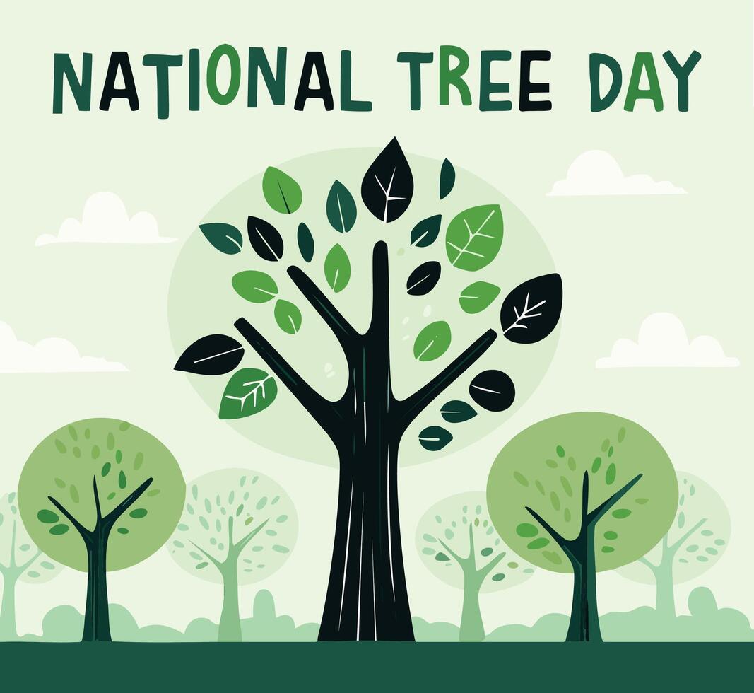 illustration of trees in various shades of green with artistic leaves, celebrating National Tree Day and promoting environmental awareness, tree preservation, and sustainable living. vector