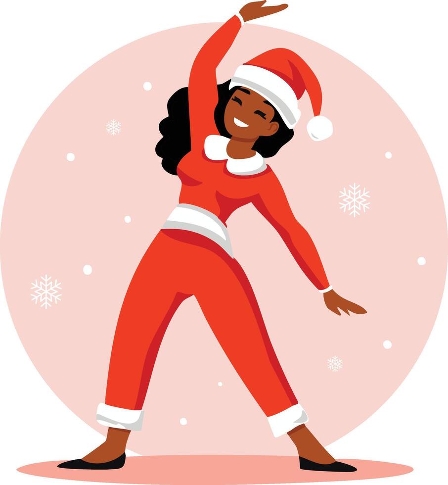 Dark-skinned girl in festive red yoga pilates clothes and a Santa hat, performing a graceful triangle hatha pose, blending exercise, stretching, and dance. vector