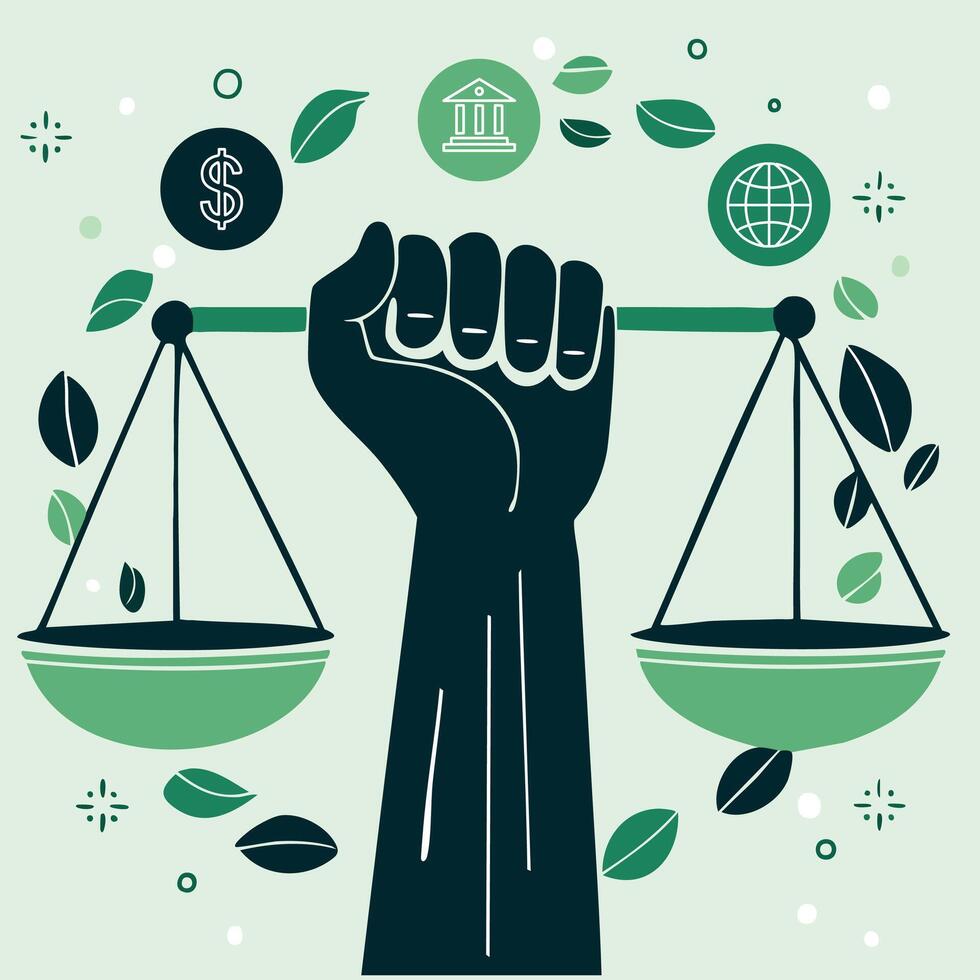 A thought-provoking concept of an arm balancing justice scales, symbolizing ESG as the equilibrium between corporate gains, social justice, and governance for a sustainable world. vector