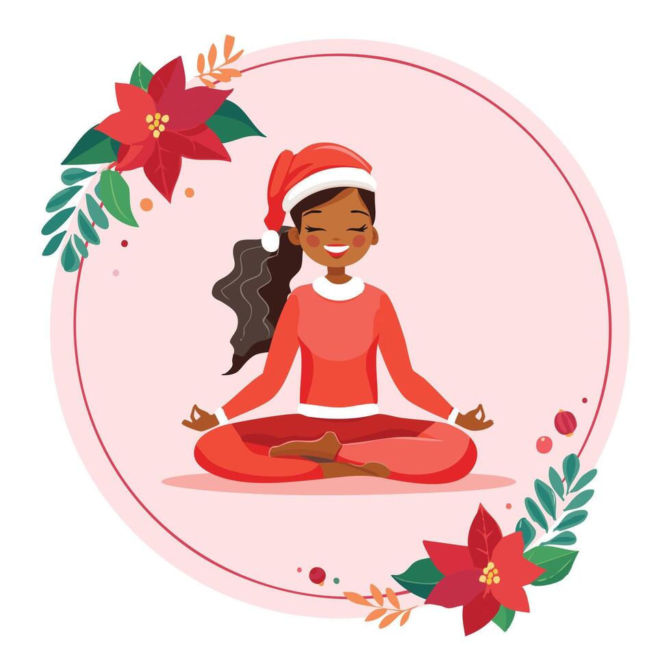 Dark-skinned girl in red yoga attire and a Santa hat, meditating in a lotus pose within a Christmas border, perfect as a festive yoga-themed sticker for mindfulness and joy. vector