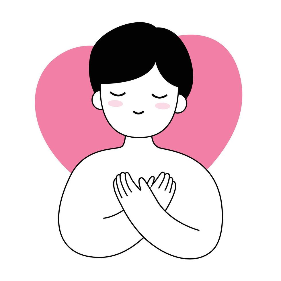 Man or boy hug himself cartoon. Mental health and love yourself concept for medical, healthy and illustration vector
