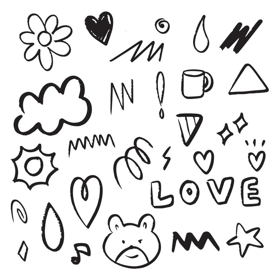 Abstract doodle hand drawn. Cute stuffs for element and illustration. Flower, star, sun, cloud and heart vector
