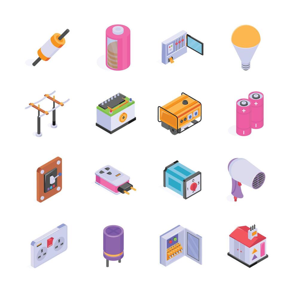 A collection of electrical appliances and components, including power lines vector