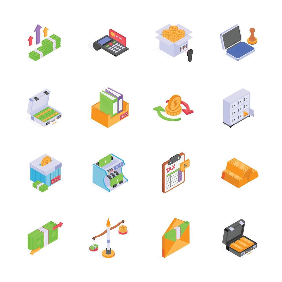 This set of isometric icons depicts various financial concepts and tools vector