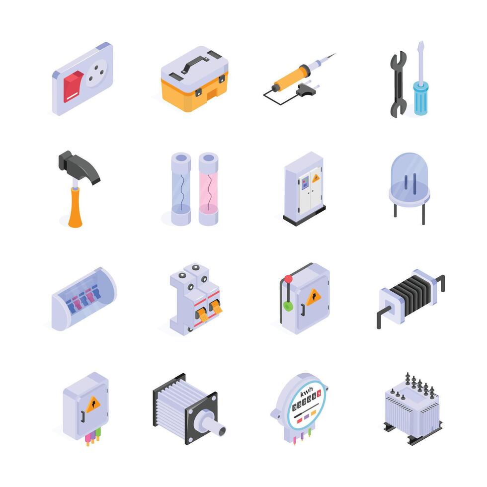 This set of isometric icons depicts various electrical components and tools vector