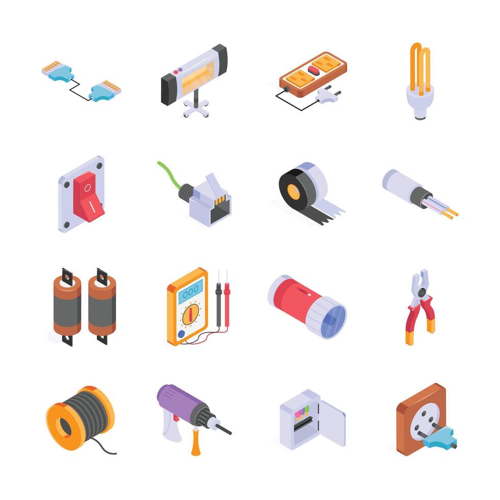 This image features a collection of colorful, isometric illustrations of various electrical and construction tools vector