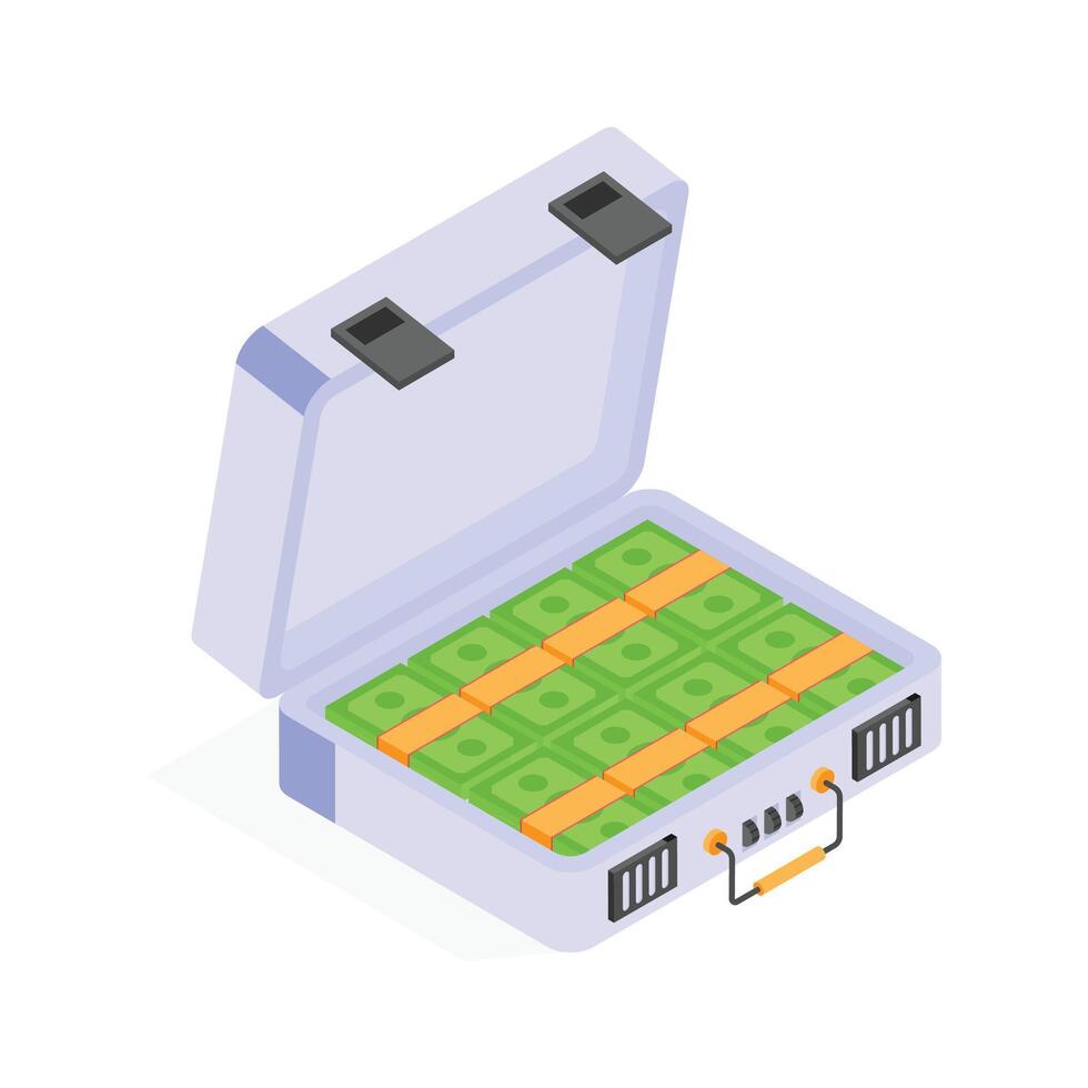 Vintage money case, isometric icon of cash suitcase vector