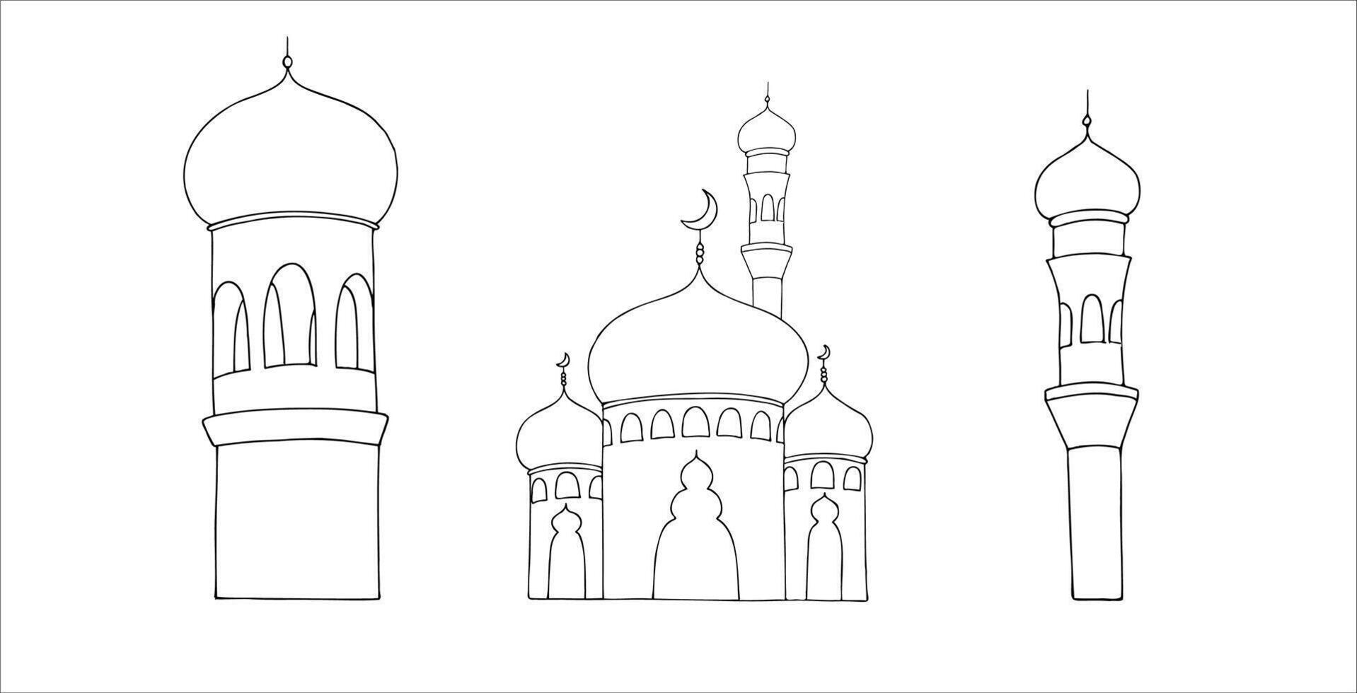 Islamic set with minaret. Graphic illustration mosque, tower isolated on white background. Muslim hand drawn line sketch, holiday Ramadan Kareem or Eid Al Adha 2025. For designers, prints vector