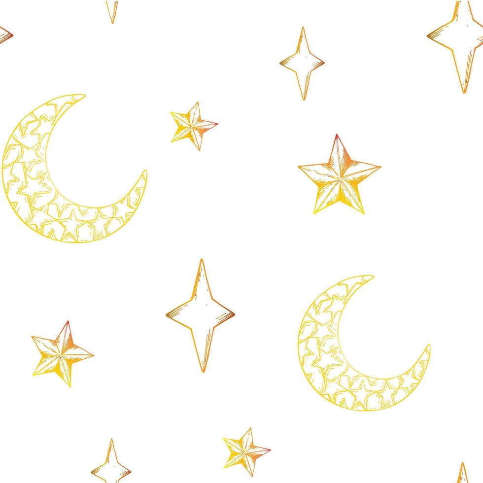 seamless pattern with arabian mosaic, stars, gold crescent moon. Graphic illustration isolated on background. Muslim hand drawn line sketch, holiday Ramadan Kareem or Eid Al Adha 2025. For vector