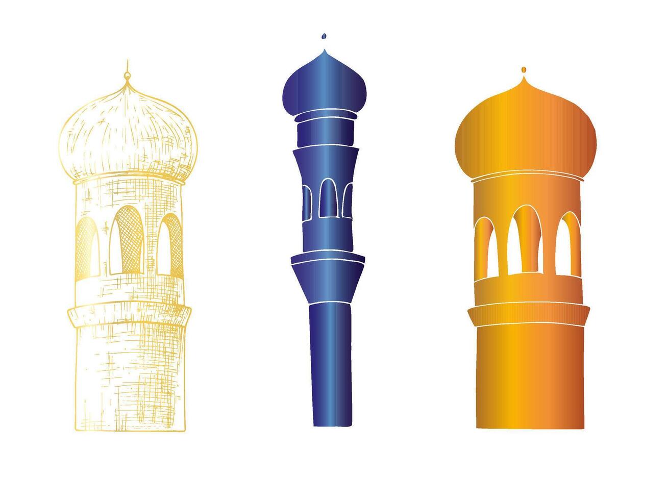 Islamic minaret. Graphic illustration mosque, tower isolated on white background. Muslim hand drawn line sketch, holiday Ramadan Kareem or Eid Al Adha 2025. For designers, prints, postcards vector