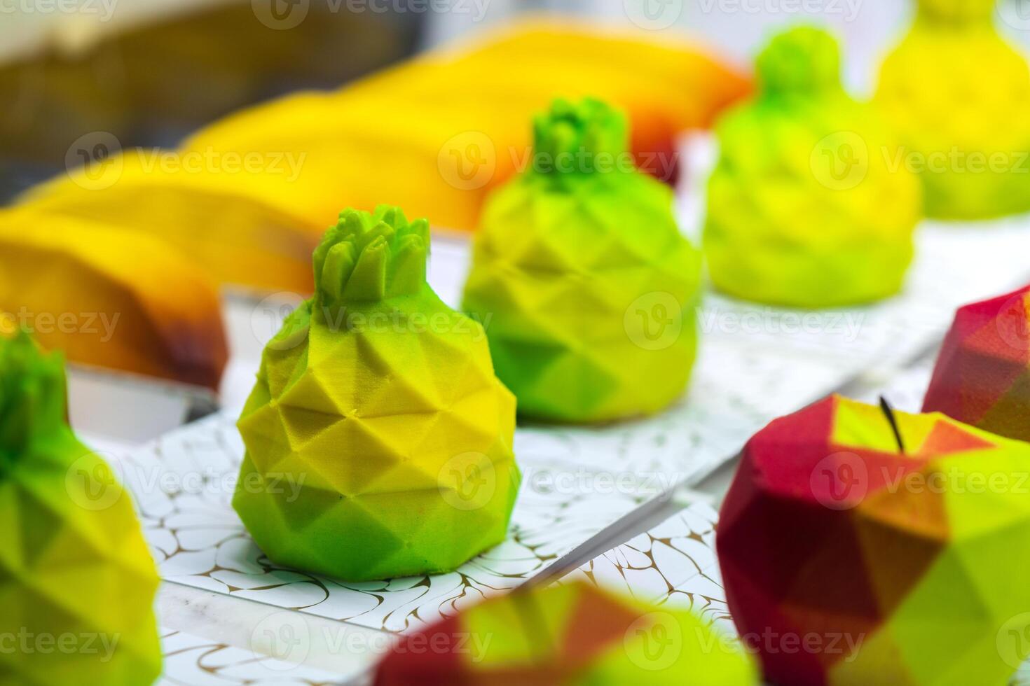 Beautiful delicious pastries on a showcase in a shop photo