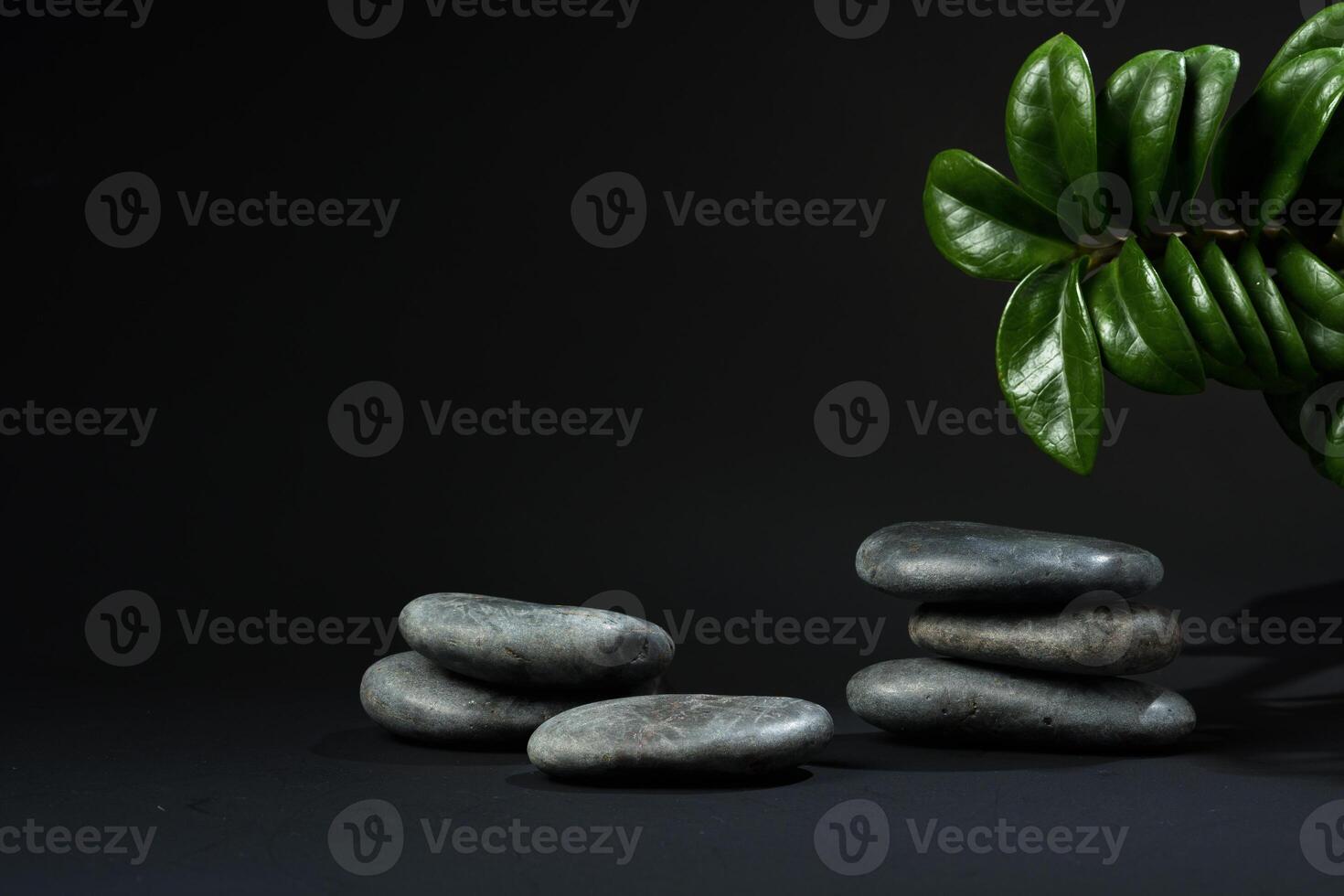 Stacked black stones with green palm leaves on black background photo