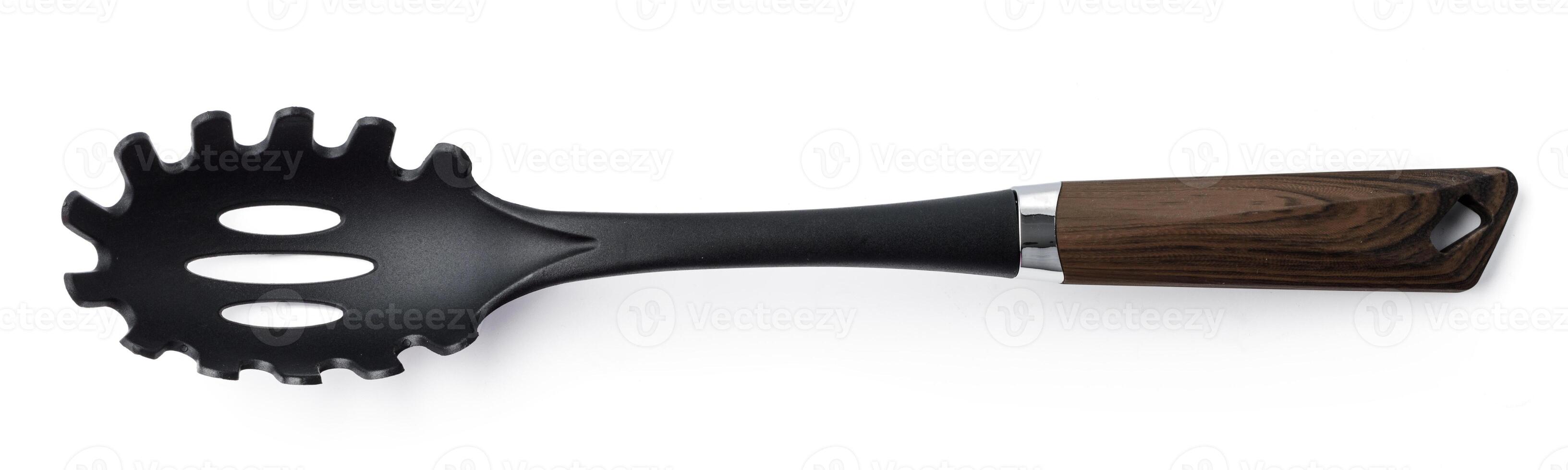 Black plastic spoon for draining on white background photo
