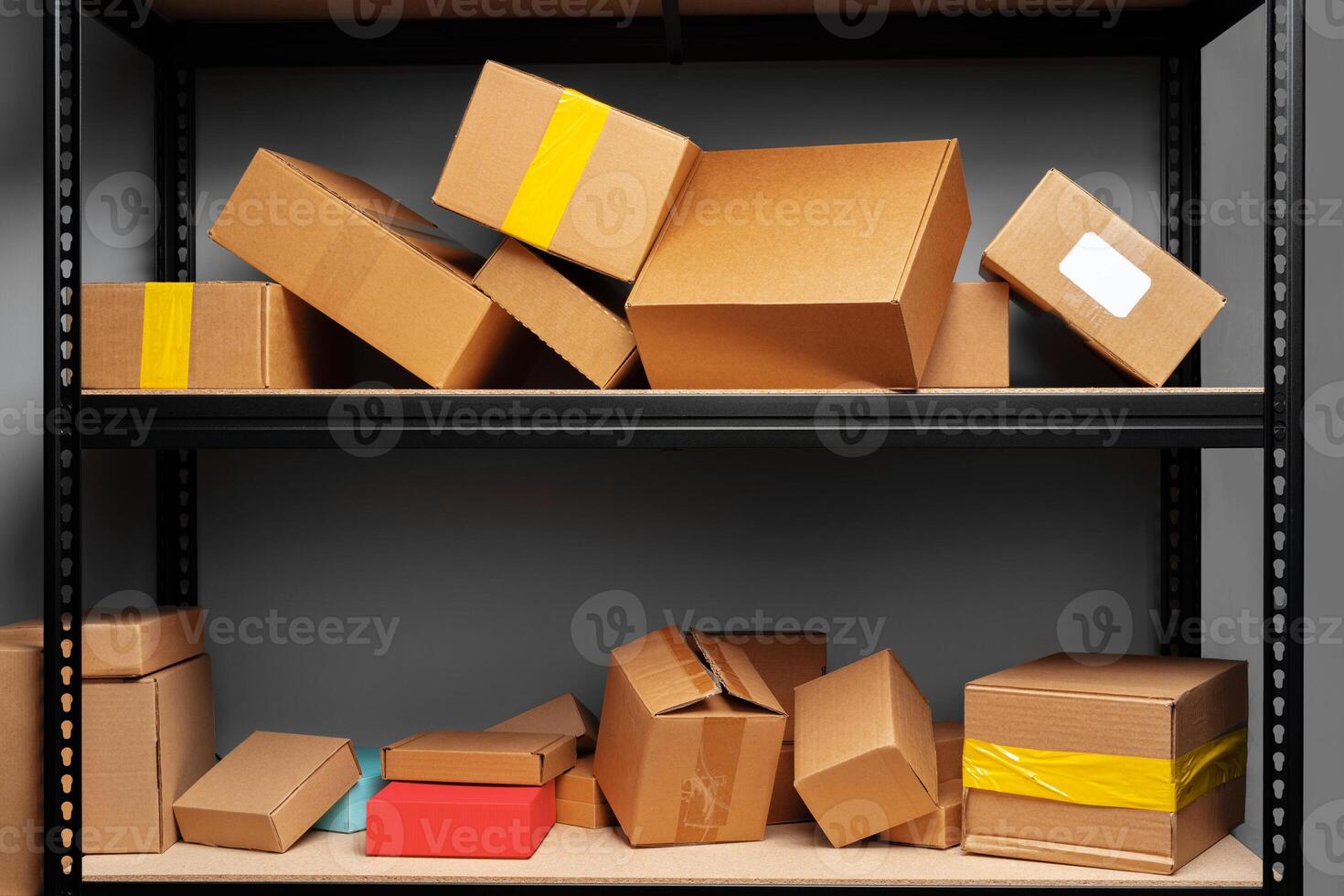 Rows of shelves with cardboard boxes in modern warehouse photo