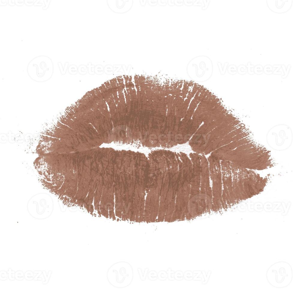 Lip print in a neutral brown shade on a white background showcasing a subtle and elegant beauty expression photo
