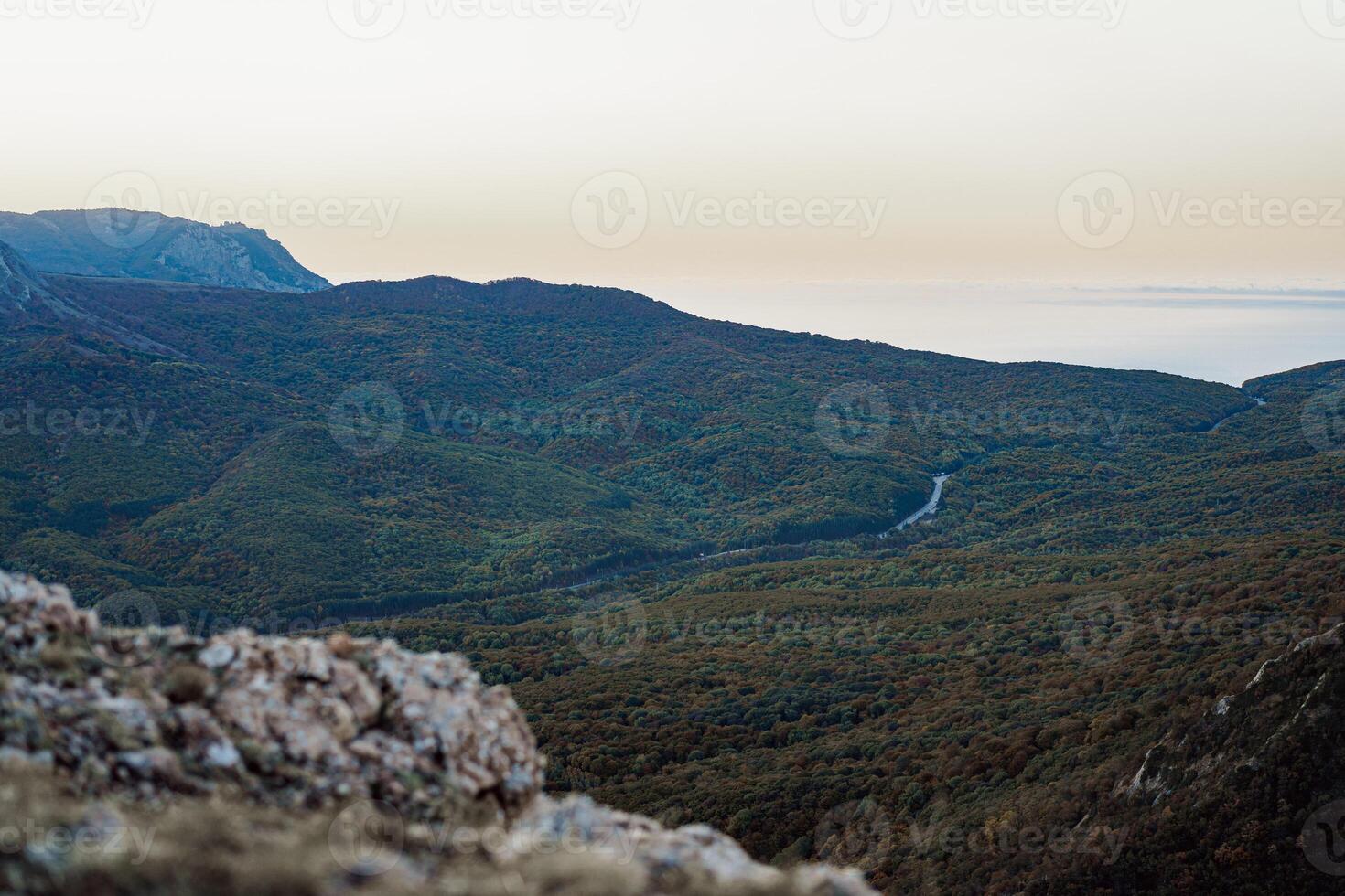 Landscape of Crimean mountains on dusk in autumn photo