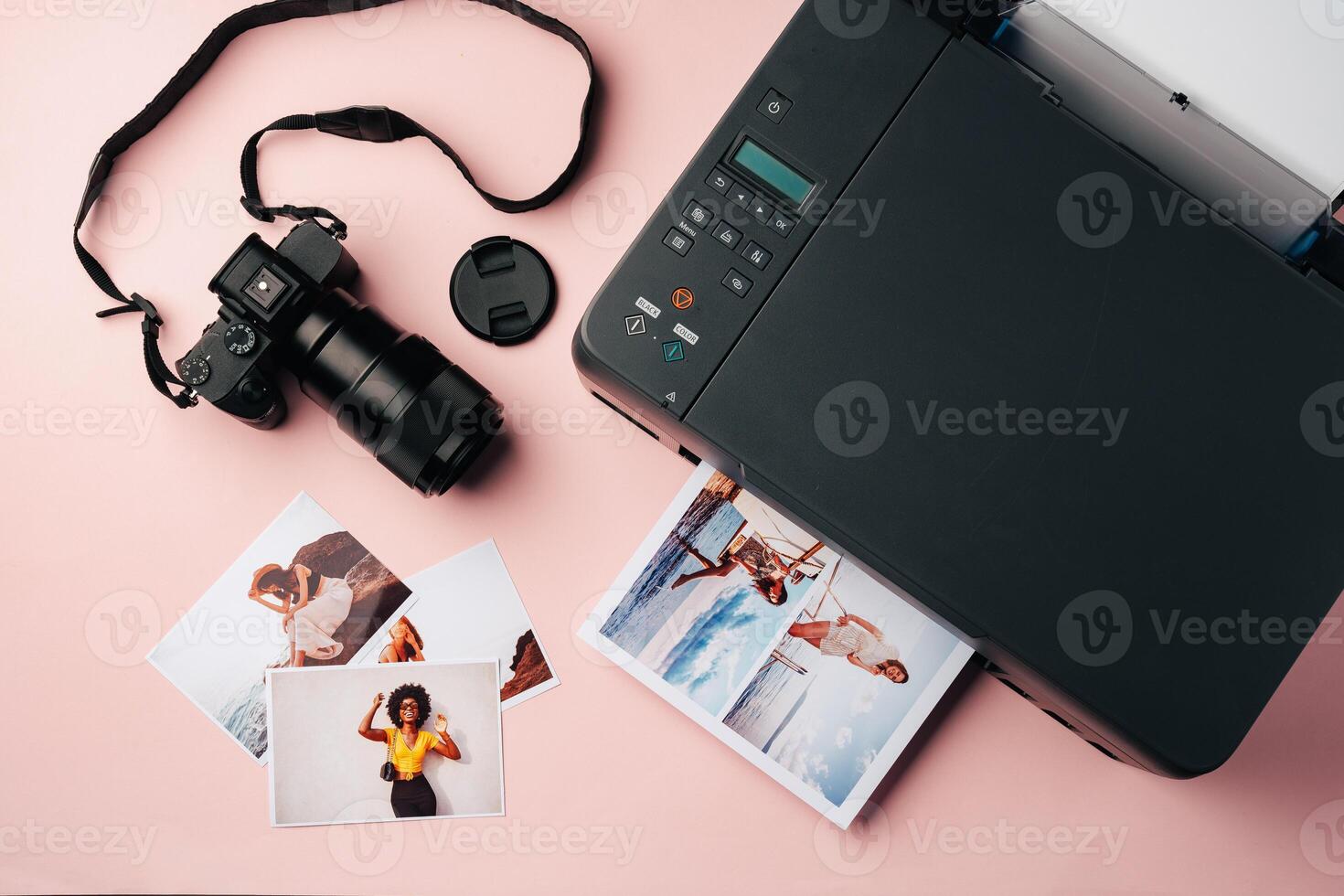 Printer and photo camera on table. Printing photos concept