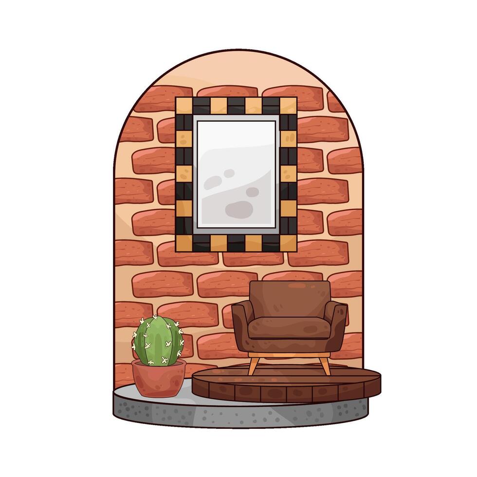 Photo frames are displayed on the living room wall vector