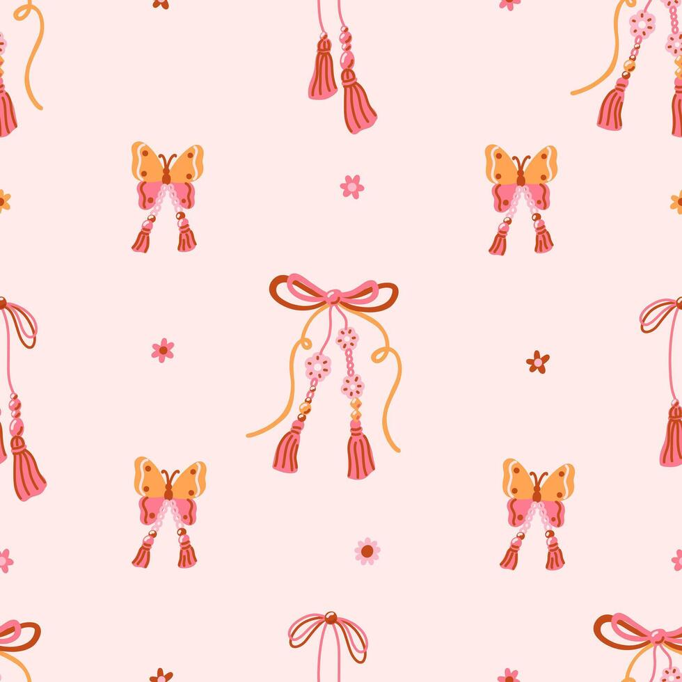 Seamless pattern of boho bows. Background with groovy decorative elements. Colorful pretty charming bow knots with daisy flower, butterfly, macrame, beads. 1970 inspiration vector