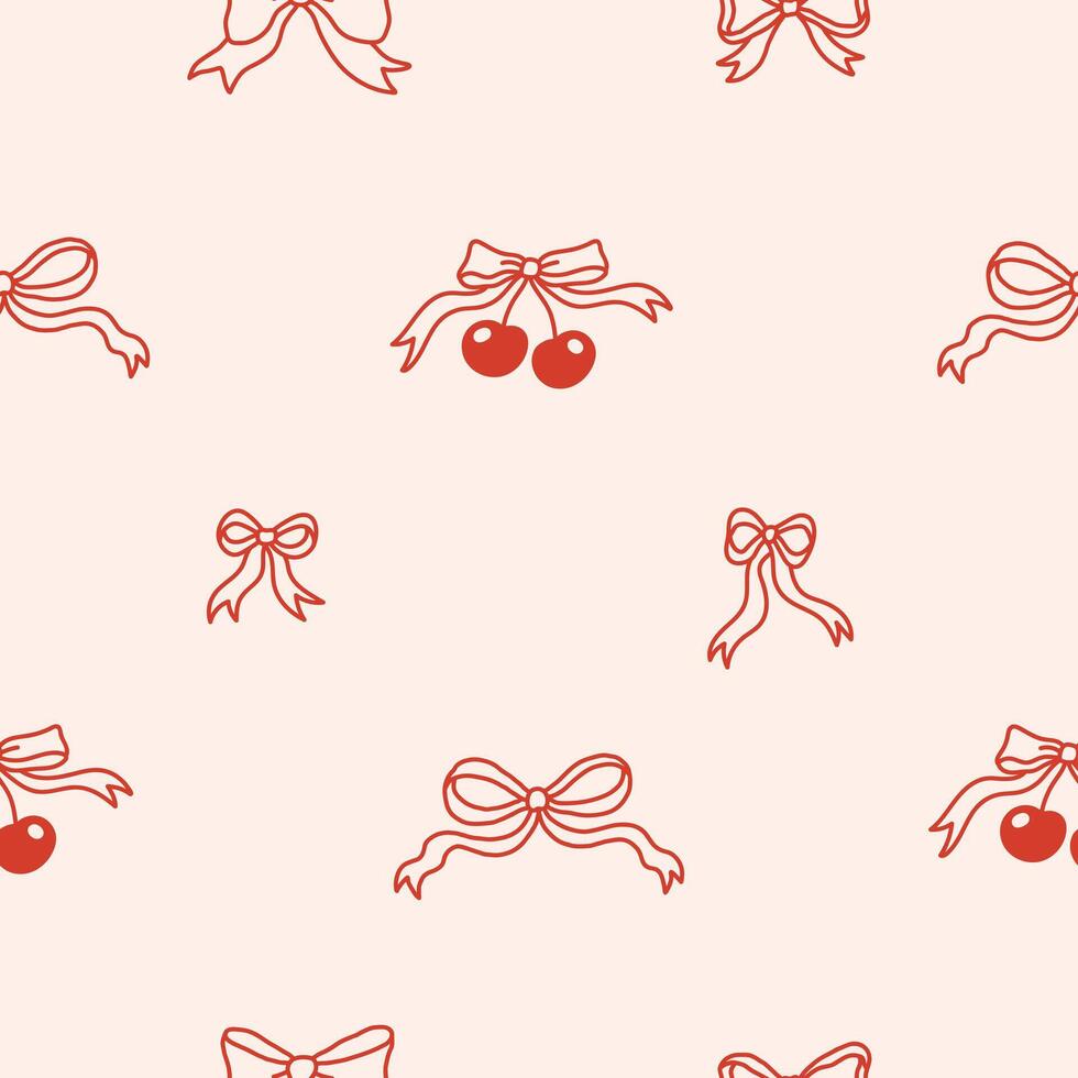 Seamless pattern of elegant bow knots, cherry berry. Background with coquette pretty charming red bows. Vintage hand drawn illustration vector