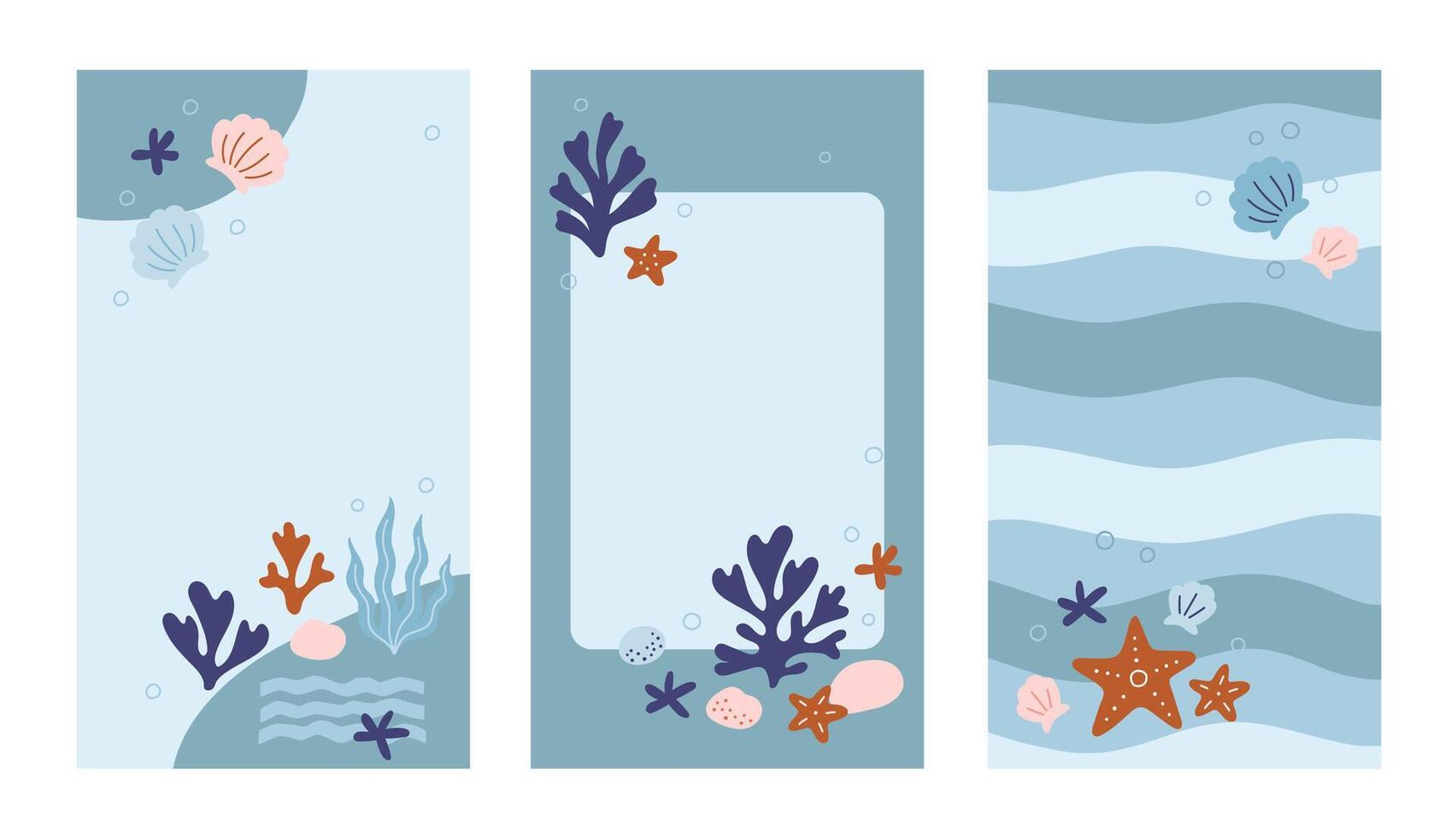 Trendy stories templates for social media. Set of vertical frames with undersea flora and fauna, sea or ocean design. Background with coral, algae, starfish, shells, pebbles, wavy striped. Flat style vector