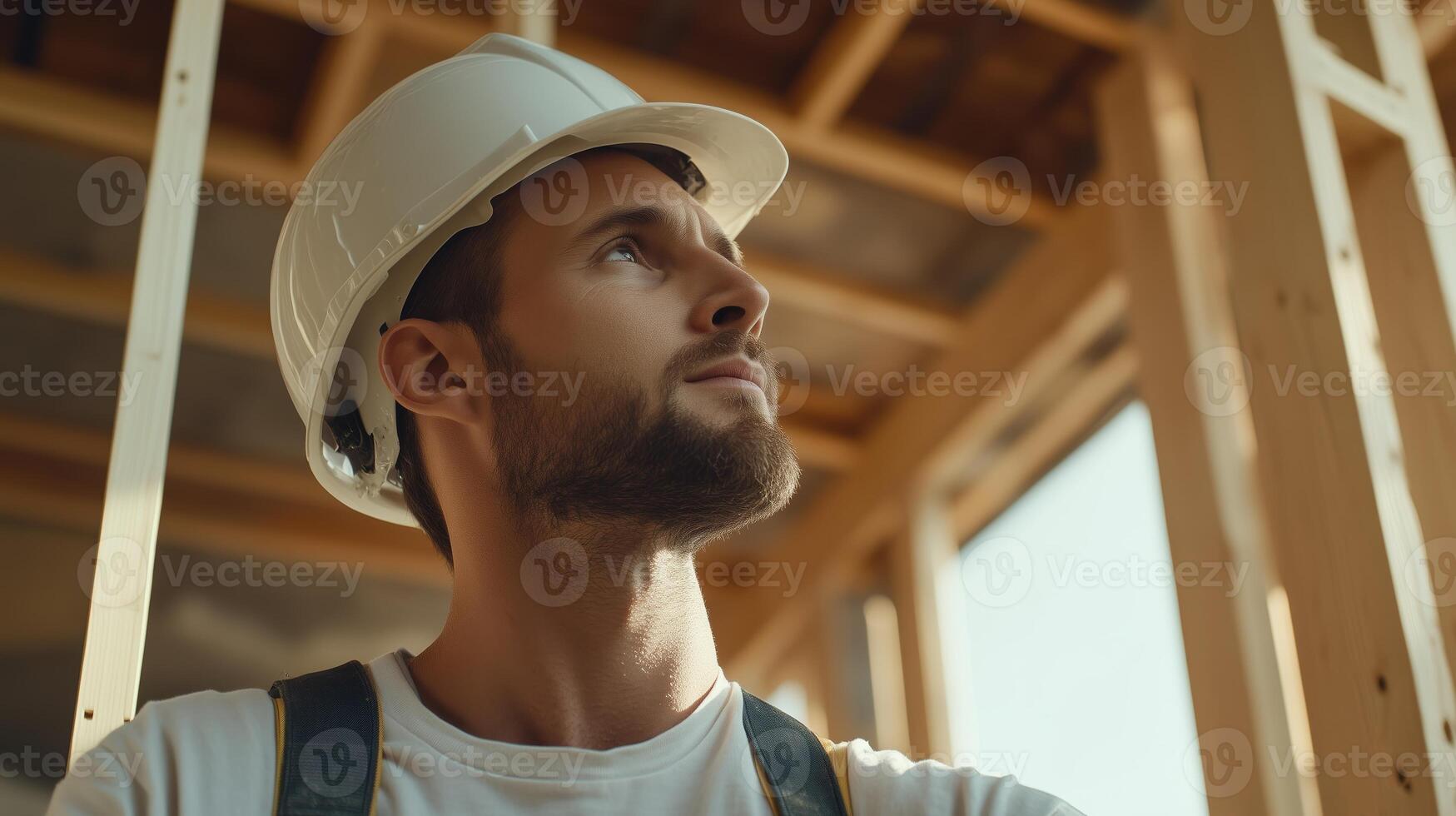 Skilled construction worker observing progress on building site during daylight hours photo