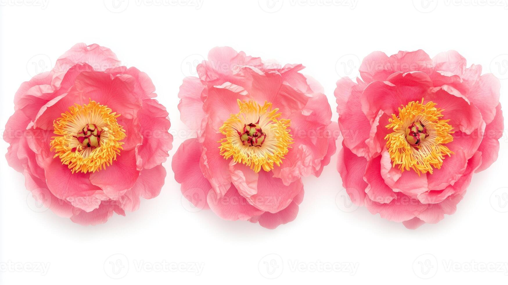 Vibrant pink peonies arranged in a row showcasing their delicate petals and bright yellow centers during springtime bloom photo