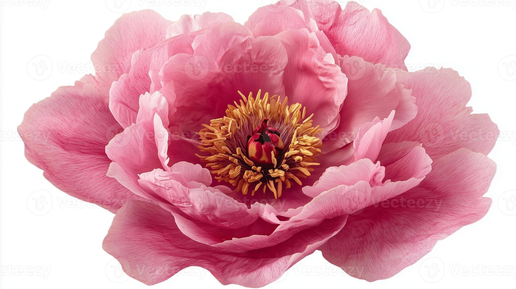 Beautiful pink peony flower with golden center in full bloom showcasing intricate petal details and vibrant colors photo