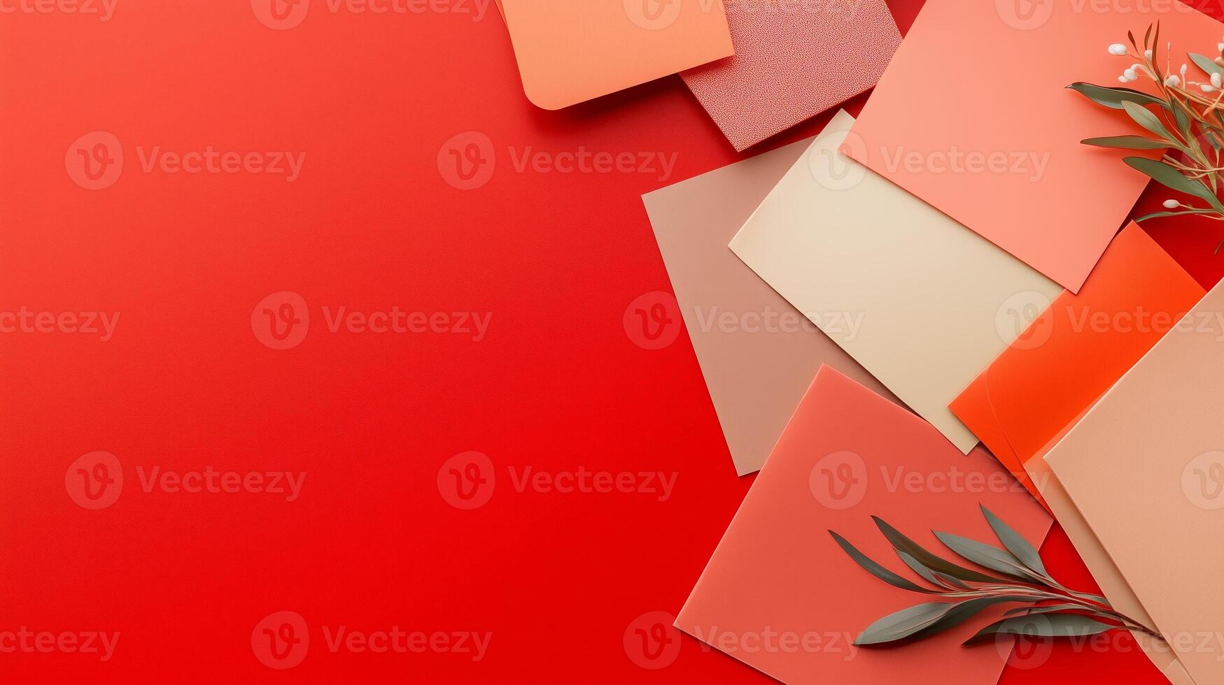Colorful paper swatches and green foliage arranged on a vibrant red background photo