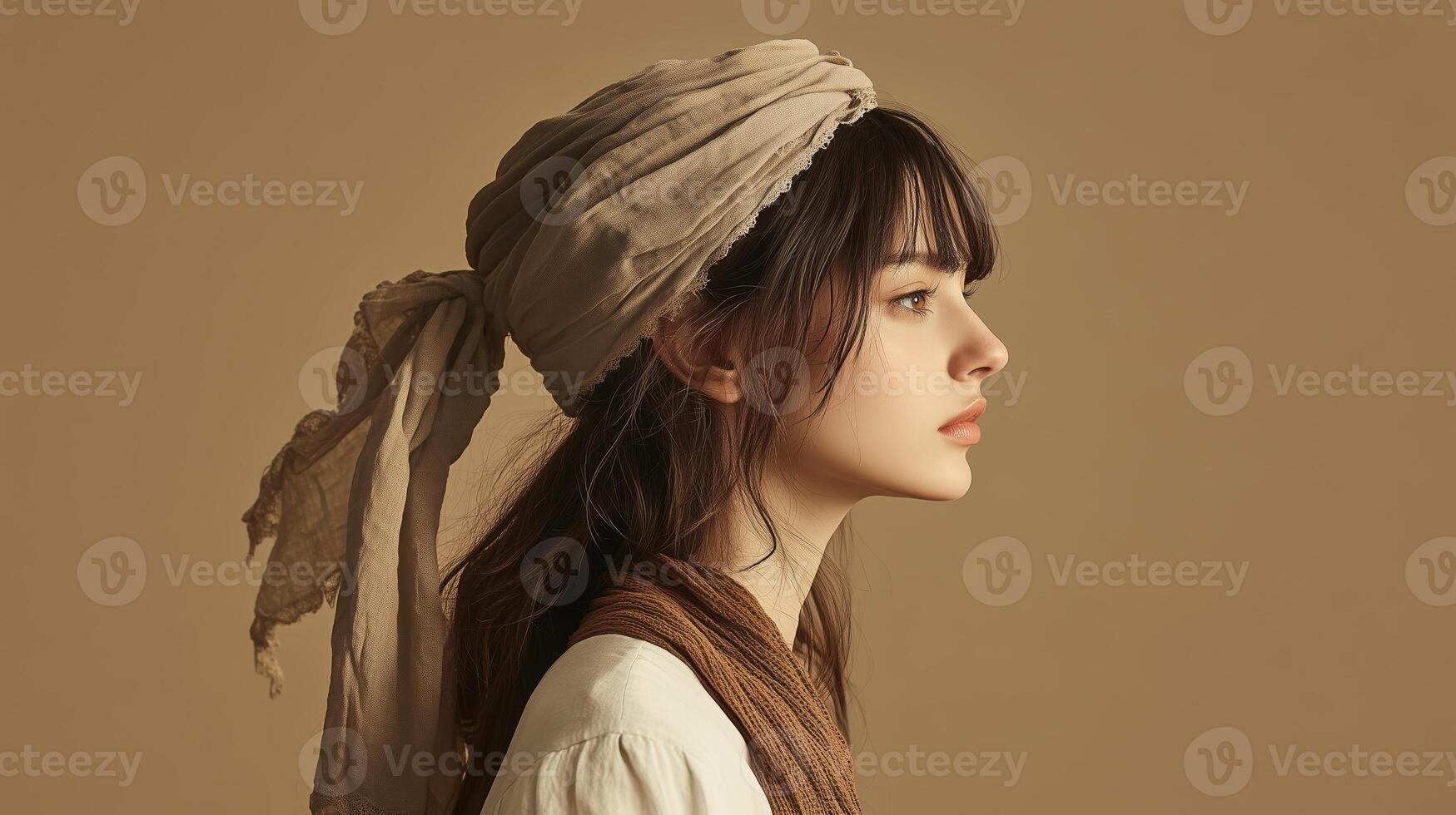 Profile of a woman wearing a scarf in a soft sepia tone capturing natural beauty and elegance in a minimalist setting photo