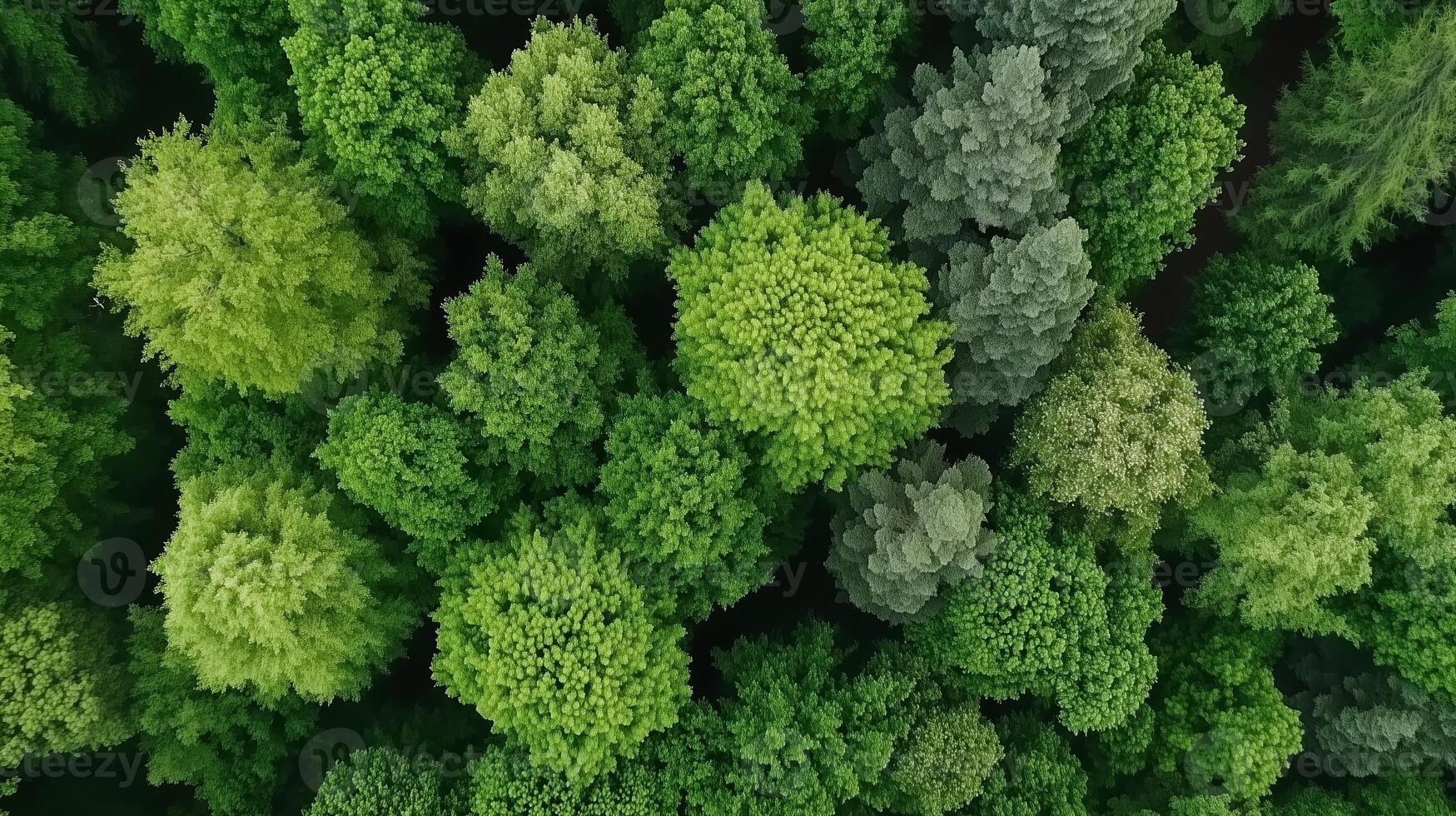 Lush green treetops create a vibrant canopy in a dense forest during the late afternoon hours photo
