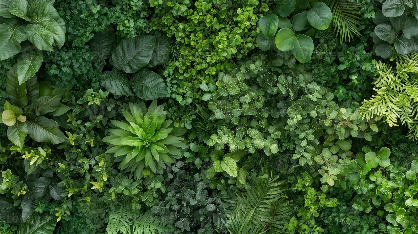 Vibrant green foliage creating a lush, natural backdrop in an outdoor setting filled with diverse plant life photo