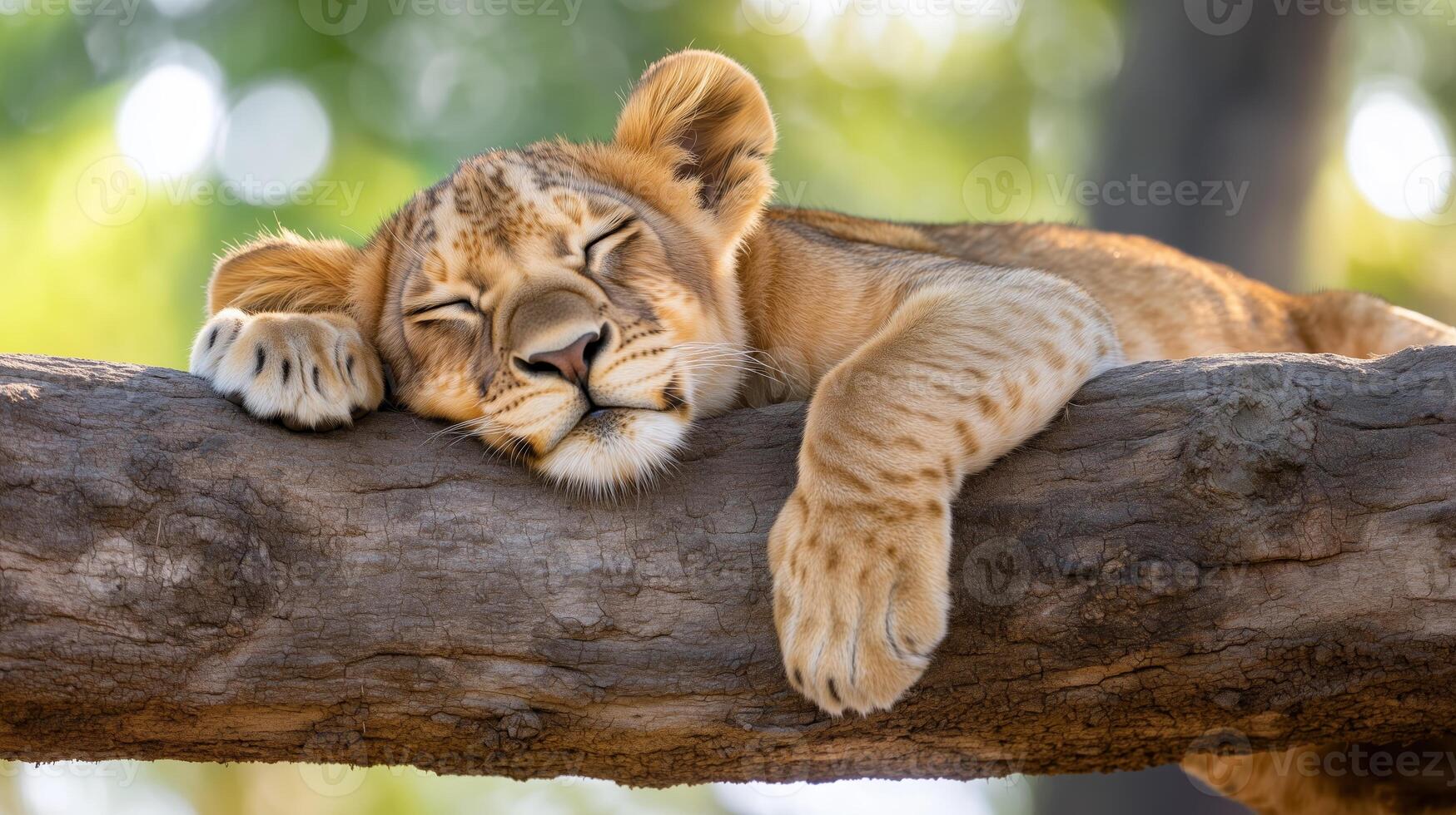 Lion cub relaxes peacefully on a branch in a sunlit environment during daytime photo