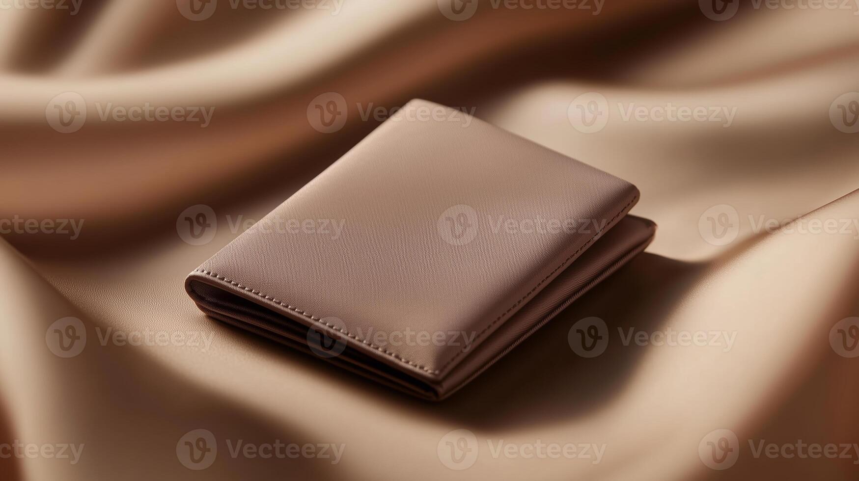 Crafted leather wallet placed on smooth fabric surface in warm, neutral tones photo