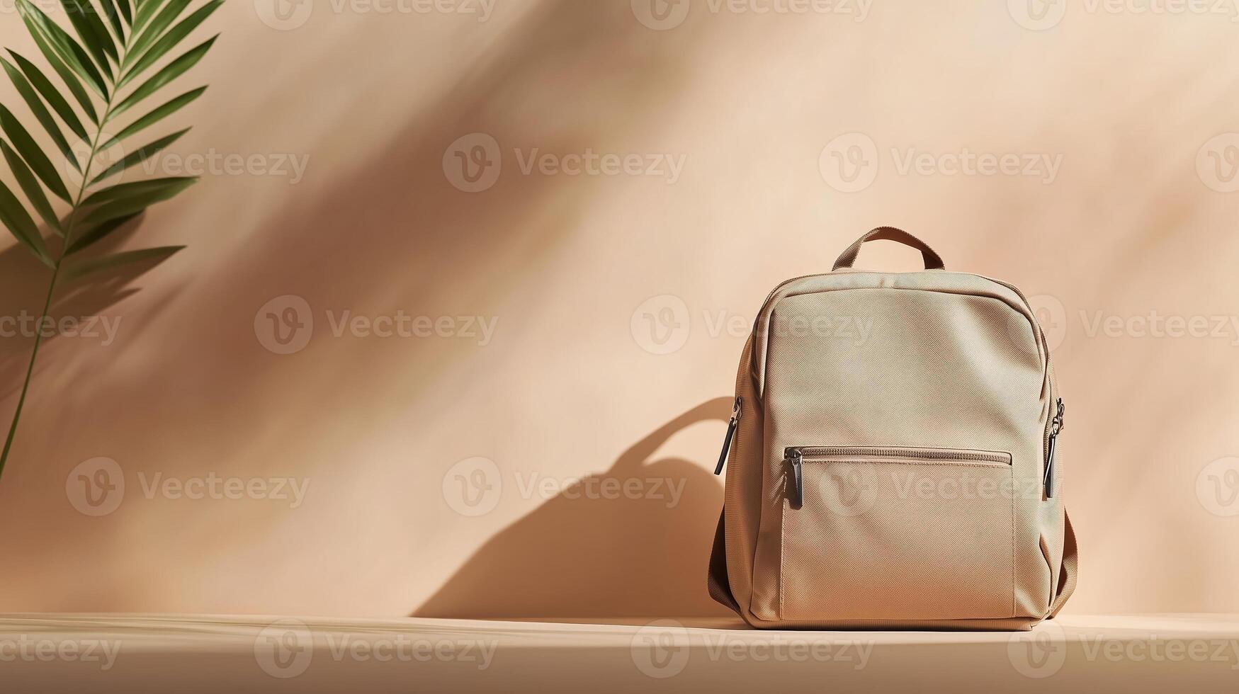Stylish backpack rests on a neutral surface with soft shadows and a touch of greenery in the background photo