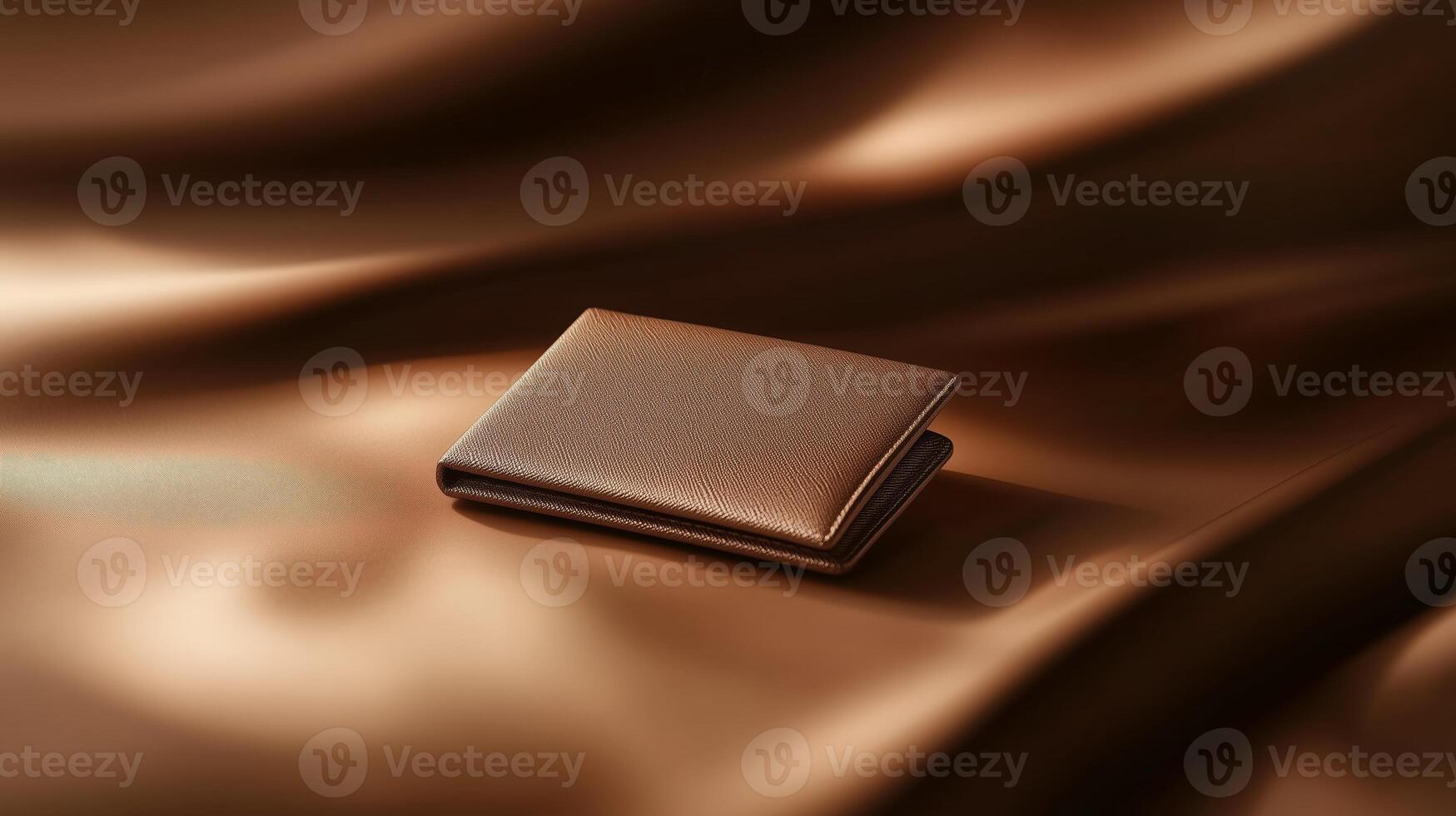 Elegant brown wallet resting on smooth silk fabric in warm lighting creating a luxurious atmosphere photo