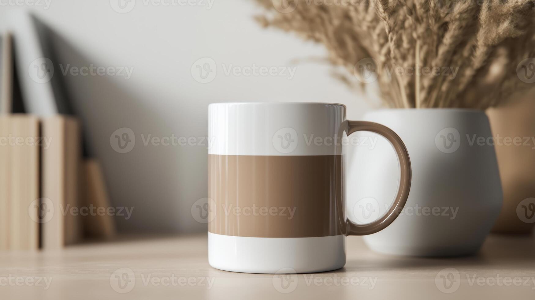 Decorative ceramic mug with neutral color scheme placed on a wooden table next to a white vase with dried grass photo